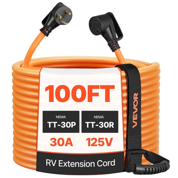 VEVOR 30A 100ft RV Extension Cord, 125V 2500W, Heavy Duty 10/3 Gauge STW RV Power Cord, NEMA TT-30P to NEMA TT-30R, with Power Indicator, Cord Organizer, 15A Adapter, for Camper Travel Trailer