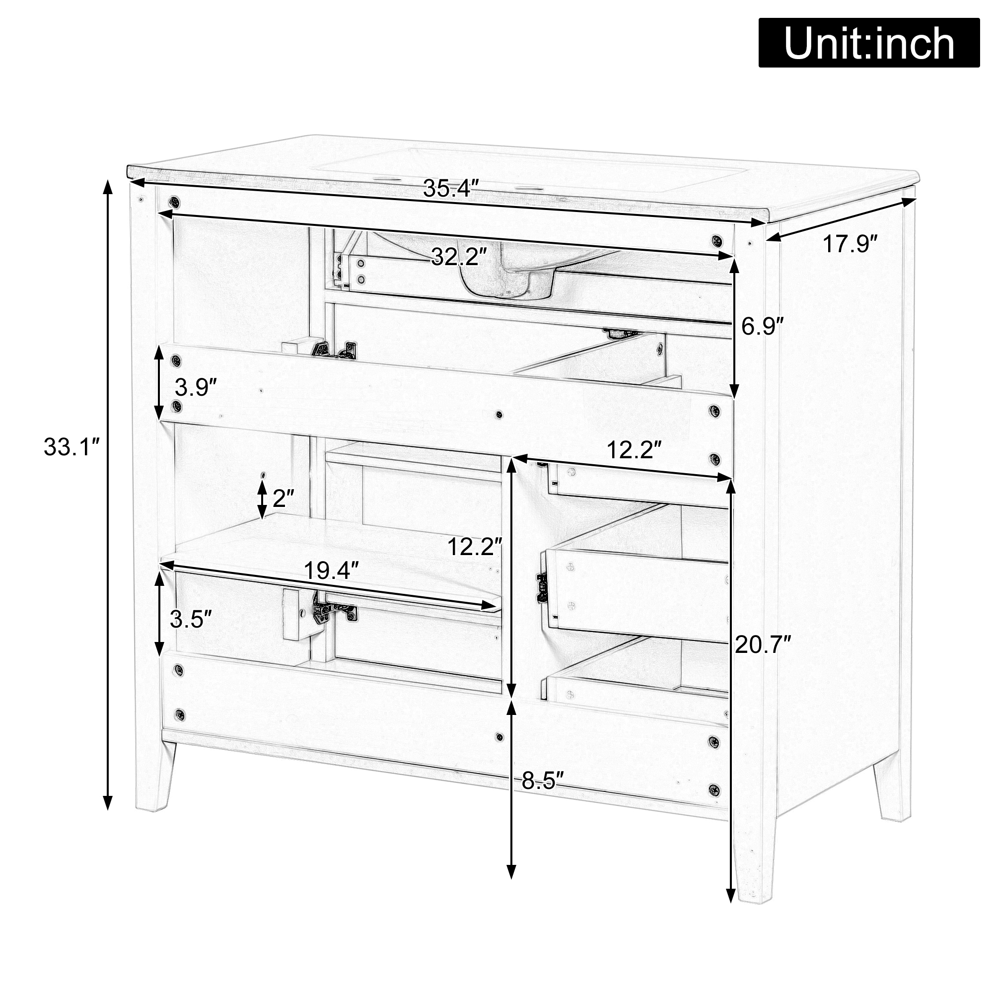 Euroco 36-Inch Green Bathroom Vanity with Sink, Modern MDF and Rubberwood Cabinet with 3 Drawers and Adjustable Shelf, Freestanding Vanity for Bathroom Storage and Organization
