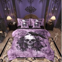 Manfei Adult Skull Skeleton Twin Bedding Sets 7-Piece, Gothic Romantic Bedding Comforter Set, Rose Flower Floral Reversible Sheet Sets, Lightweight Room Decor