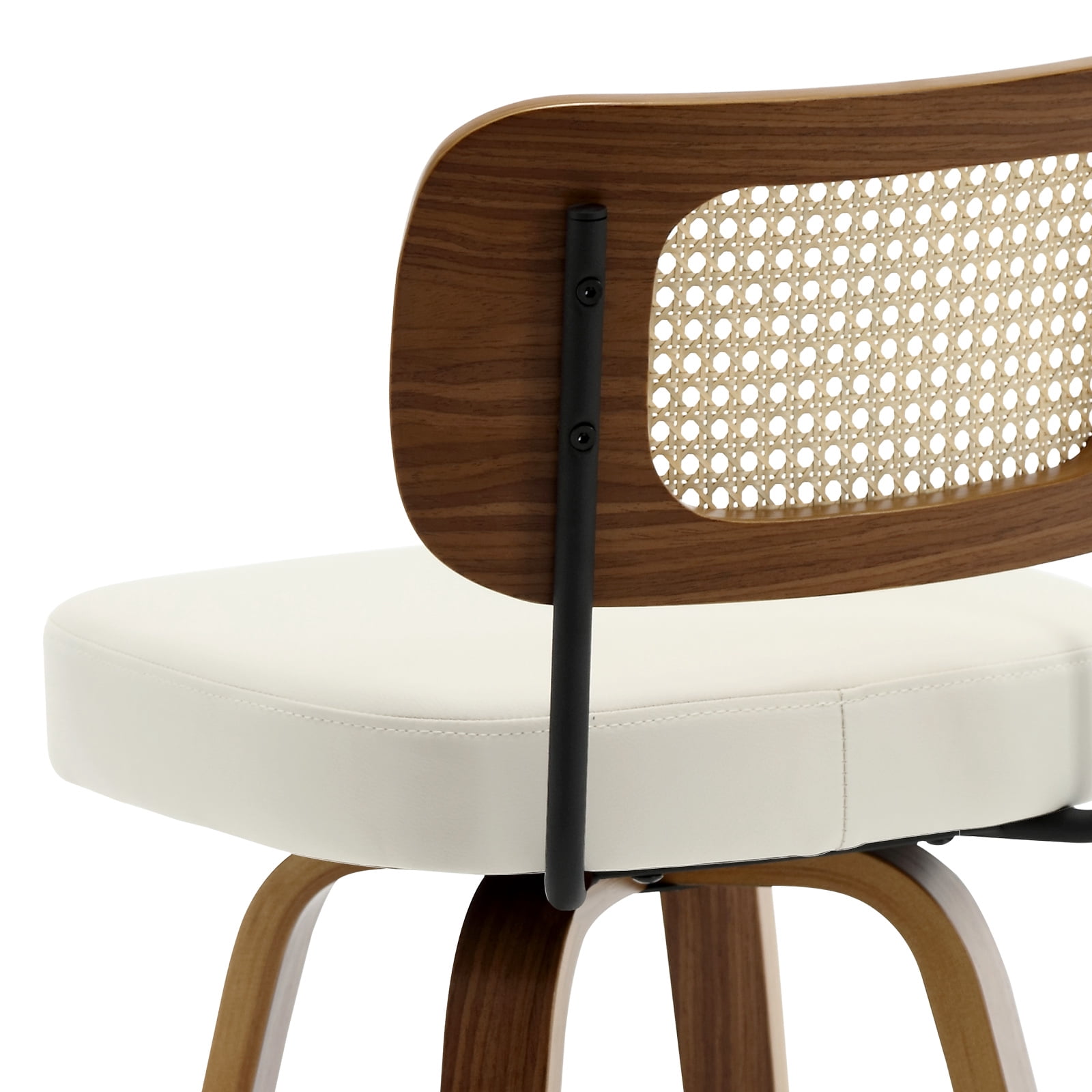 Foreate Swivel PU Bar Stools, Set of 2, 29" Bar Height Upholstered Leather with Rattan Back Wood Legs, Modern Chair Island Counter Stool for Kitchen, Cream White