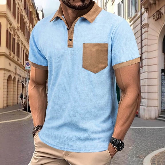 BLCHUNen Mens T Shirts Short Sleeve Turn Down Collar Button Contrast Color Loose Fitting Summer Casual Tops with Pocket