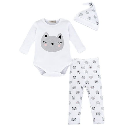 

StylesILove Baby Cute Animal Print Cotton Overalls Romper Pants and Hat 3-piece (18-24 Months Kitty Cat)