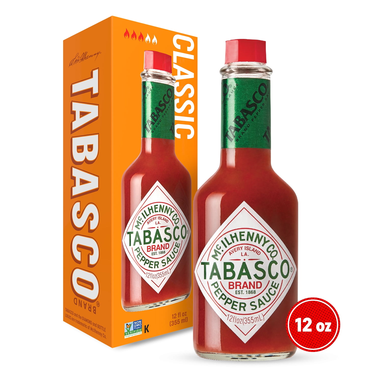 Tabasco Original Red Pepper Sauce, 12 fl oz, Regular Glass Hot Sauce Bottle, Gluten Free