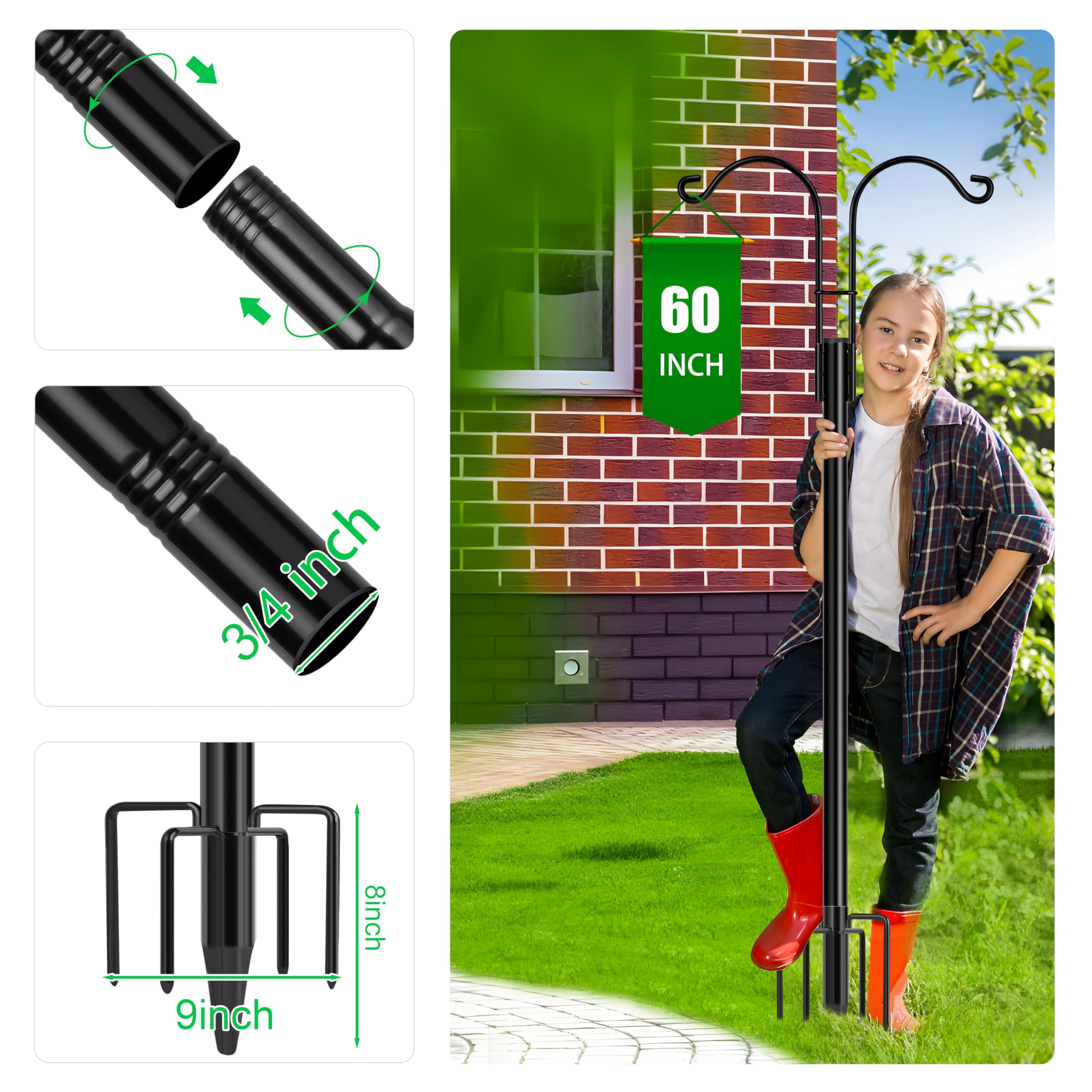 Double Shepherds Hooks For Outdoor  2-pack Heavy Duty Garden Pole Hanging Bird Feeder Plant Baskets Solar Light Lanterns Hanger Stands With 5 Base Prongs