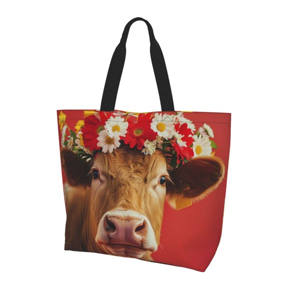 Yiaed White And Red Daisy Cow Print Handbag for Women Tote Purse Shoulder Bag Large Fashion Hobo Purse Handbag Shopping Tote