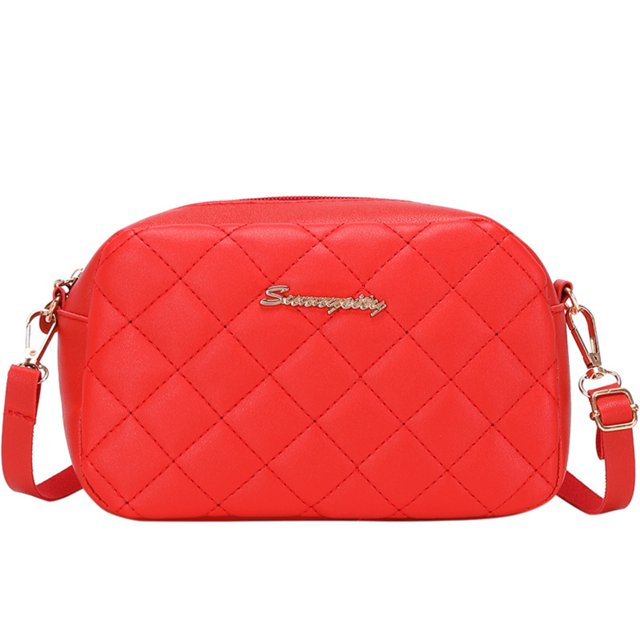 Red Diamond Quilted Mini Square Bag - PU Leather Crossbody/Single Shoulder Camera Purse with Fashionable Hardware Nameplate, Compact 20*6*12cm Size, Lightweight 100g, Spacious Main Compartment for