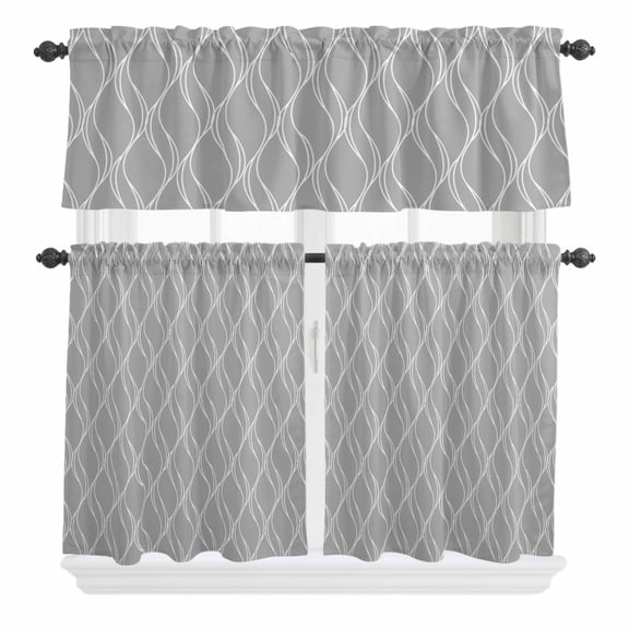 3 Piece Kitchen Curtains and Valances Set Grey White Stripes Cafe Curtains 36 Inch Length Simple Geometric Modern Monochrome Valance & Tier Curtain for Living Room Bedroom Window 54"x18" 27"x36"*2
