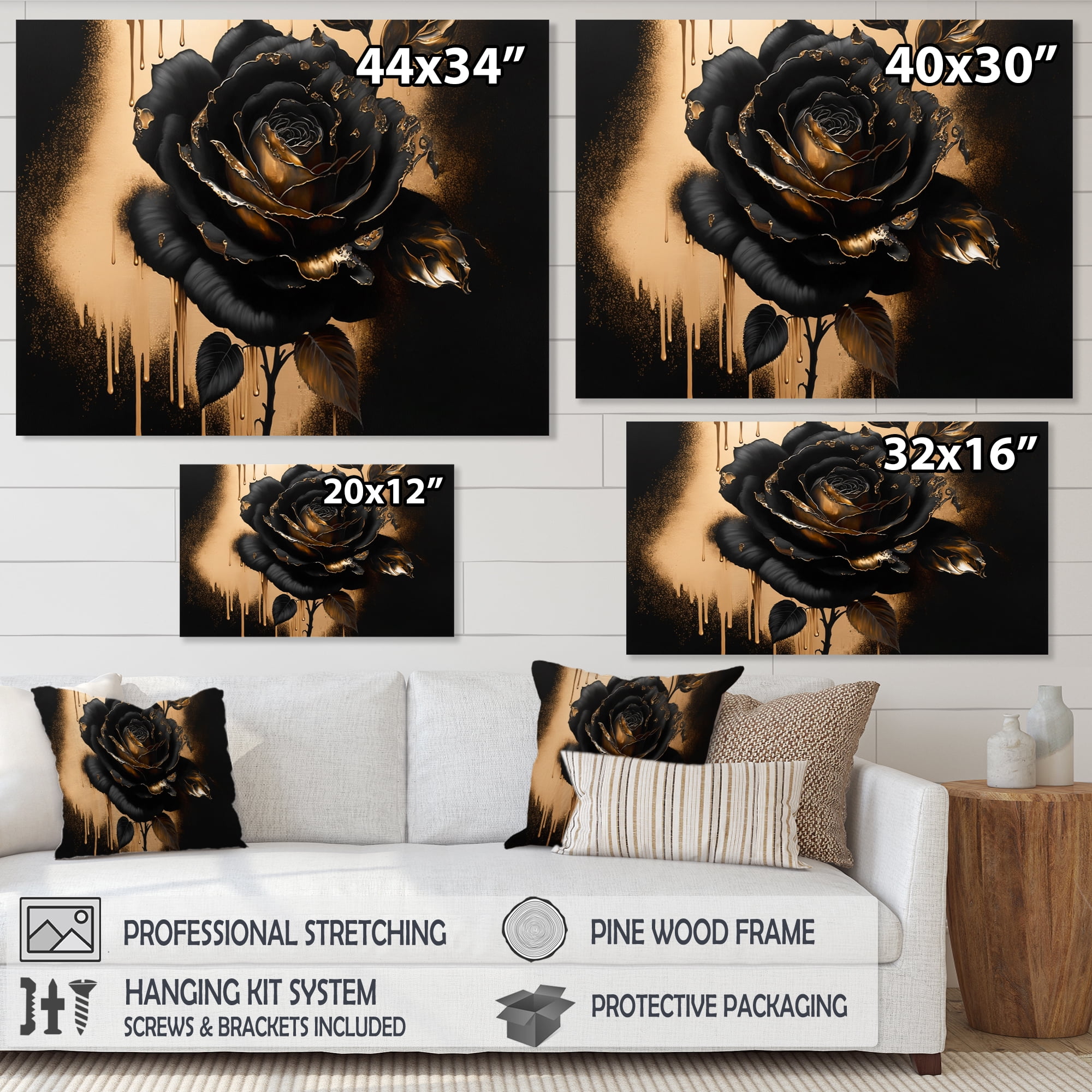 Designart Black And Gold Rose IV Canvas Wall Art