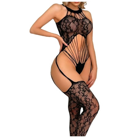 Yuhangmm Sexy See Through Suit Slim Bodysuit Mesh Clothing Lingerie Silk Lingerie for Women