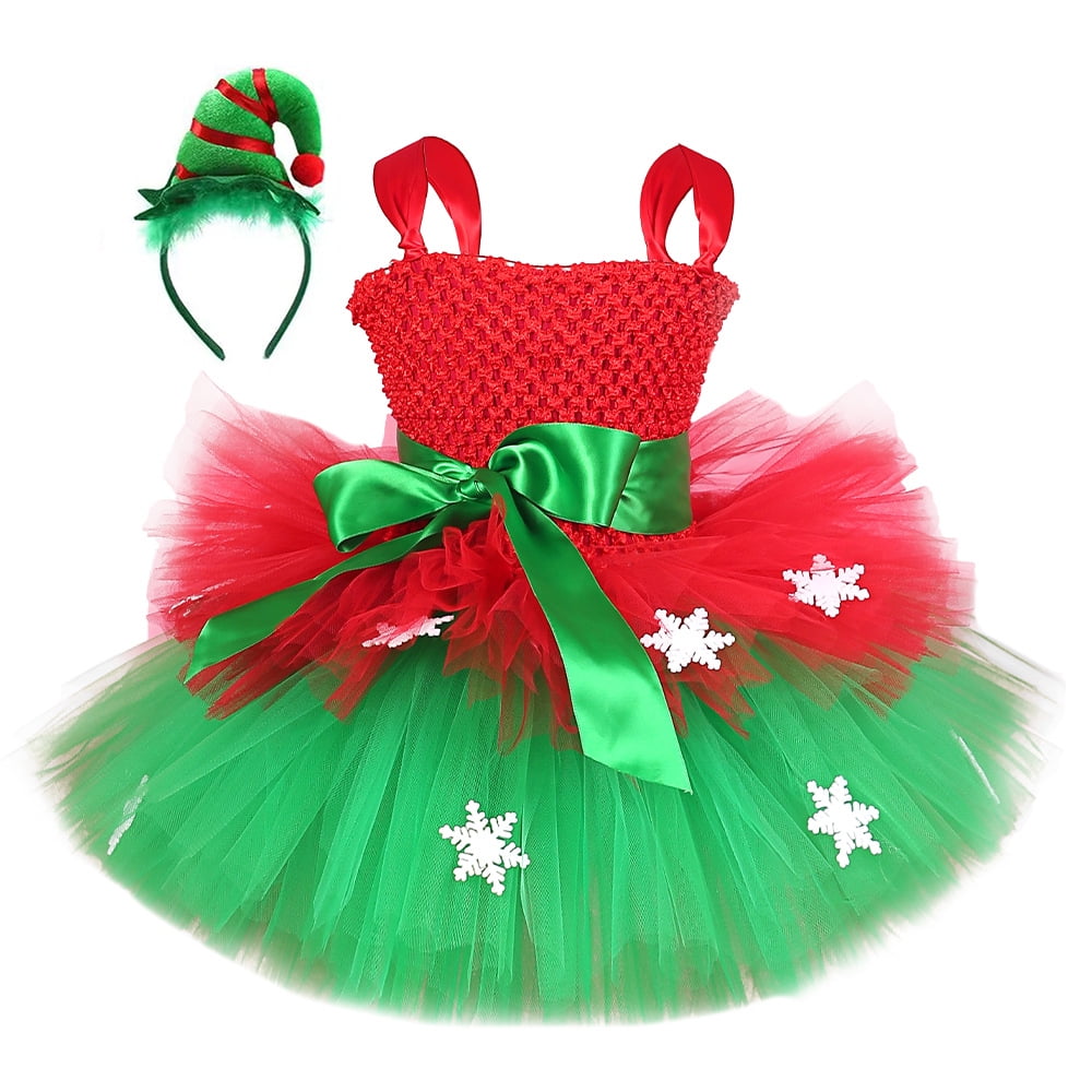 Girls' Christmas Dress Red Elf Ballet Skirt RolePlaying Dress Ribbon