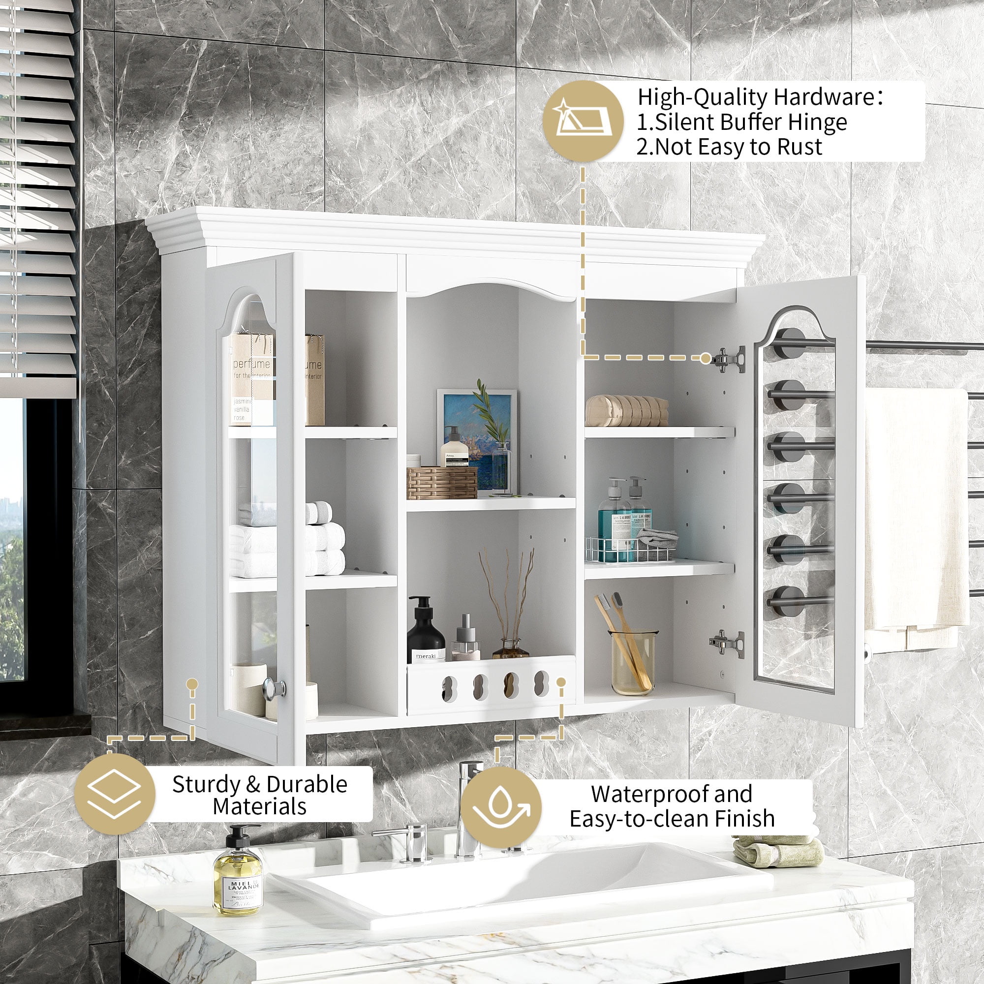 White Wall Mounted Cabinet with 2 Glass Doors – Over The Toilet Storage Cabinet, Retro Style Bathroom Wall Cabinet with Adjustable Shelf