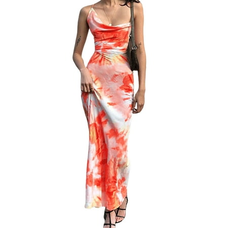 

Pudcoco Women Slip Dress Orange Tie-dyed Sleeveless Boat Neck One-piece