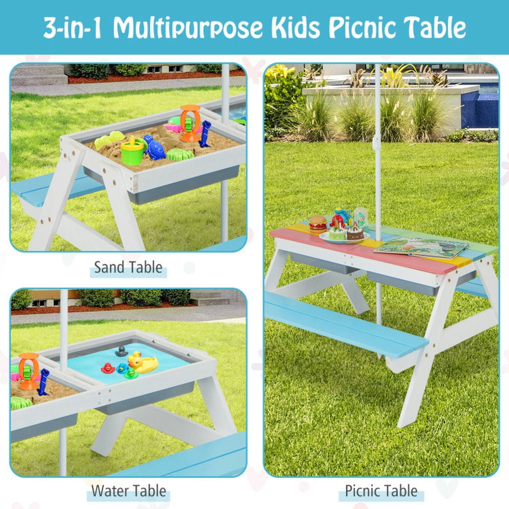 Topcobe 3-in-1 Kids Outdoor Picnic Water Sand Table with Umbrella Play Boxes, Kids Patio Furniture for Backyard, Garden-Blue