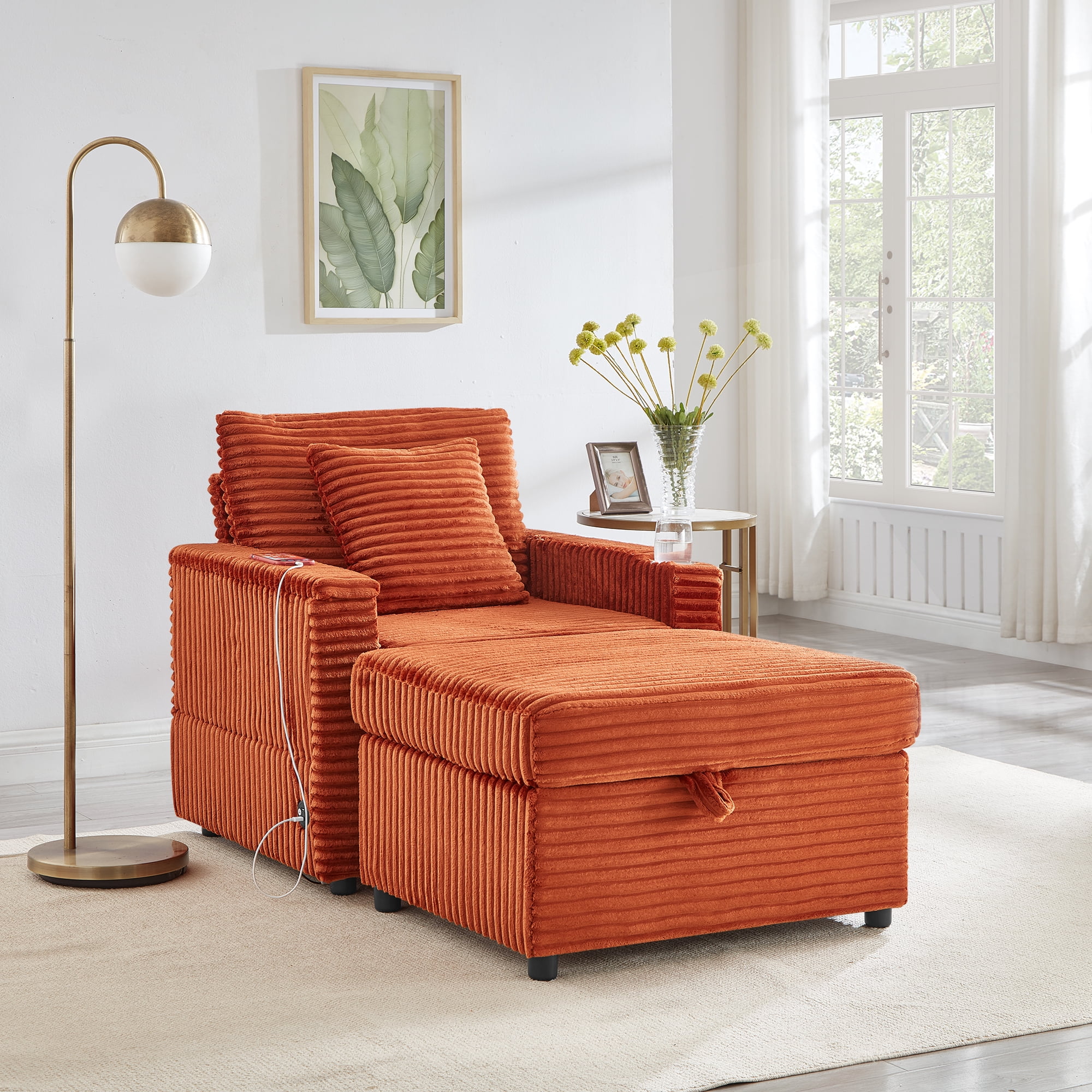 34.5" Soft Chaise Lounge Accent Chair Set with Ottoman, Table Board and Cup Holder