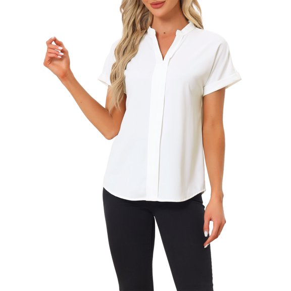 INSPIRE CHIC Work Dressy Casual Blouse for Women's V Neck Curved Hem Short Sleeve Chiffon Top