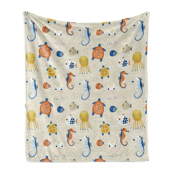 Nautical Soft Flannel Fleece Throw Blanket, Colorful Nursery Themed Concept of Seahorses Octopus and Fish Drawings, Cozy Plush for Indoor and Outdoor Use, 50" x 70", Eggshell Multicolor, by Ambesonne