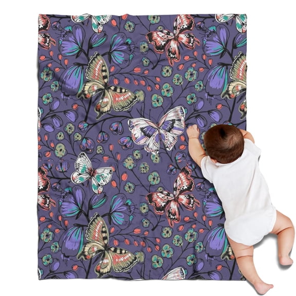 Blue Butterfly Floral Leaf Purple Pattern Blanket,Comfortable Soft Flannel Throw Blanket,All Season,Warm Lightweight Blankets for Sofa Bed Couch Living Room Chair,30"x40"
