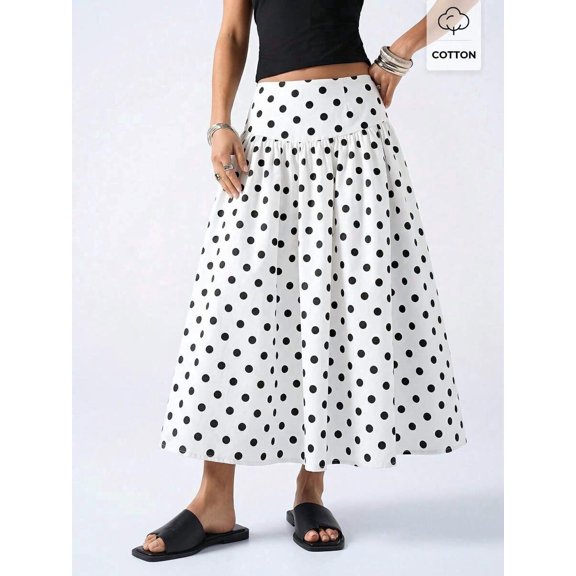 White Polka Dot A-Line Midi Skirt For Women, Flowing Cotton Skirt With Elastic Waistband