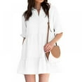 thumbnail image 1 of PENGXIANG Robe d'Été pour Femmes Manches Courtes Bouton Manches à Volants Col Mini Robe Couleur Unie Coupe Ample Robe Plissée Fluide, 1 of 2
