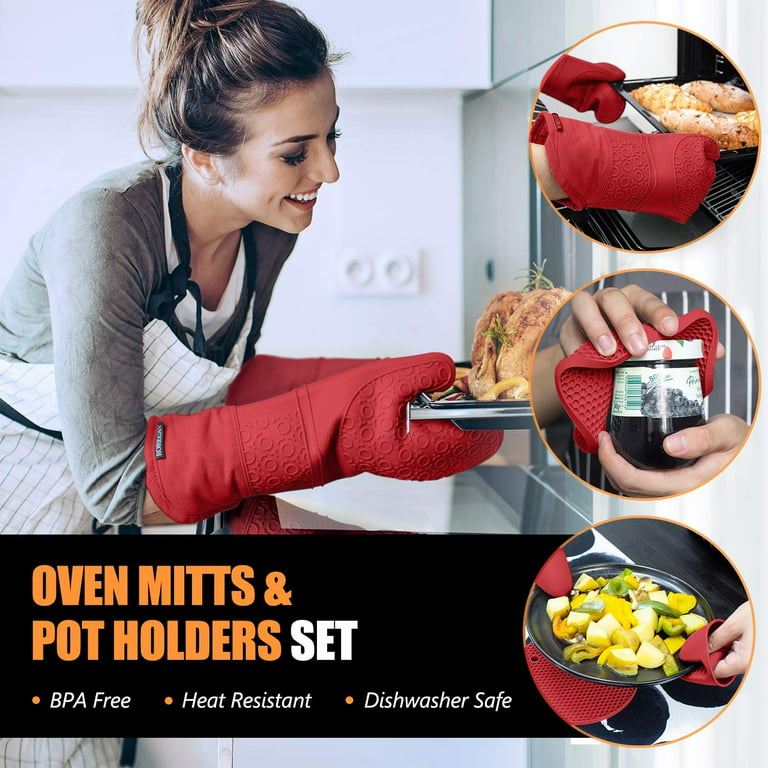 1 Alselo Silicone Oven Mitts Heat Resistant 932 With Waterproof Non-Slip  Kitchen Mittens, Set Of 2 Extra Long Oven Gloves With Sof