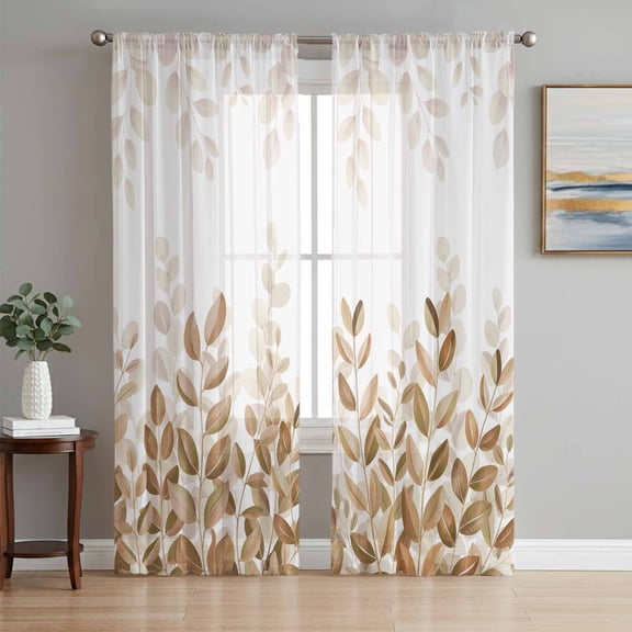 Eucalyptus Leaves Sheer Curtains 108 Inch Length 2 Panels Set Window Treatments, Spring Plants Country Yellow Rod Pocket Semi Curtains for Living Room/Bedroom/Kitchen Décor, 104"W x 108"L