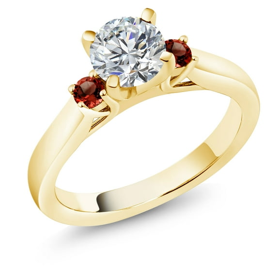 Gem Stone King 18K Yellow Gold Plated Silver Lab Grown Diamond and Red Garnet Engagement Ring for Women | 0.88 Cttw | Round 6MM | Gemstone April Birthstone | Size 5