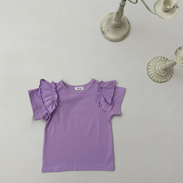 MKOSPLRT Funny T Shirts for Girl Short Sleeve Ruffle Tops Round Neck Casual Shirts Solid Color Summer Blouses Comzy Going Out Tees