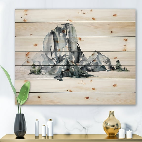 Designart 'Minimalistic Landscape of Forest and Mountains' Modern Print on Natural Pine Wood