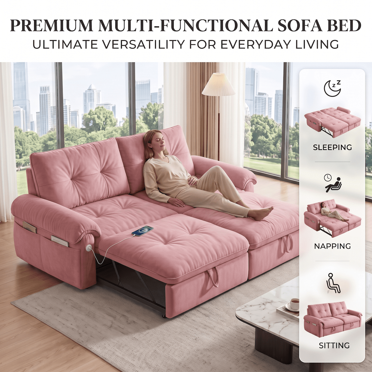 Xiweot Convertible Sleeper Sofa Bed, 77" Queen Size Pull Out Couch Bed with Adjustable Backrest, USB Ports & Side Pocket, Velvet Loveseat Sleeper for Living Room Small Space (Pink)