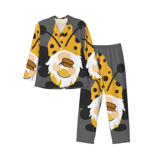 Fotbe Bee Gnome With Sunflower Pijama de Hombre con Estampado de Manga Larga, Conjunto de 2 Piezas, Ropa de Dormir Suave y Cómoda con Bolsillos-X-Large