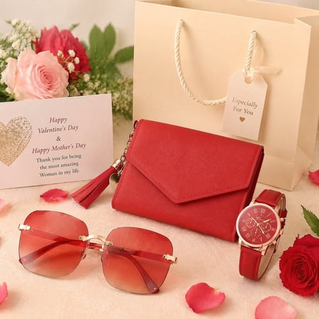 3 PCS Women Gift Set Red Fashion Accessories Set with PU Leather Wallet Stylish Wrist Watch and Eyewear Elegant Gift Box Set for Birthday Mothers Day Valentines Day