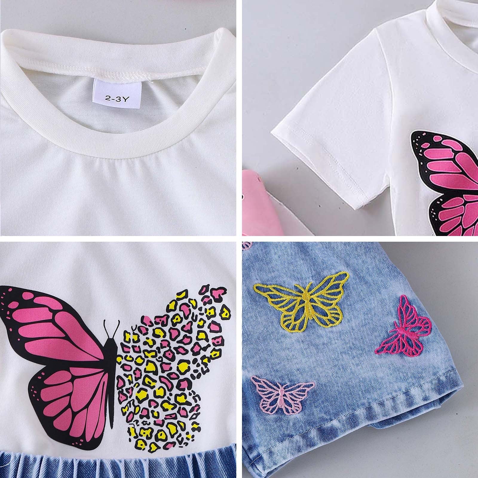 Utlike Girls Outfit Denim Shorts Sets Summer Print White T Shirt & Stretch Denim Shorts Set 2 Piece Casual Outfit For Toddler Kids Size 6 Years-7 Years