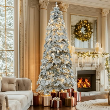 Uforic 11FT Pre-Lit Flocked Drooping Pencil Spruce Artificial Christmas Tree,Holiday Decoration Christmas Tree with 2288 Branch Tips & 700 Lights, for Home, Office and Party Decor