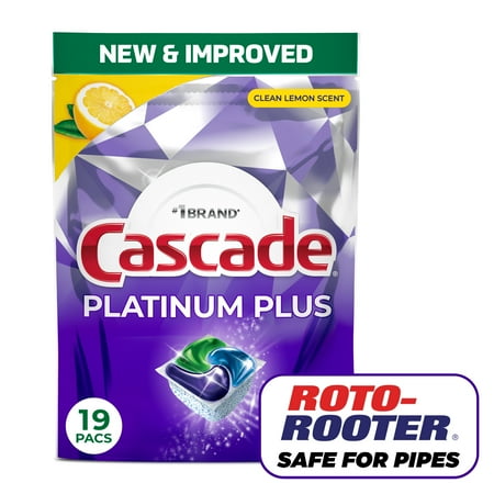 Cascade Platinum Plus Dishwasher Pods, Dishwasher Detergent Soap Tabs, Lemon, 19 Count