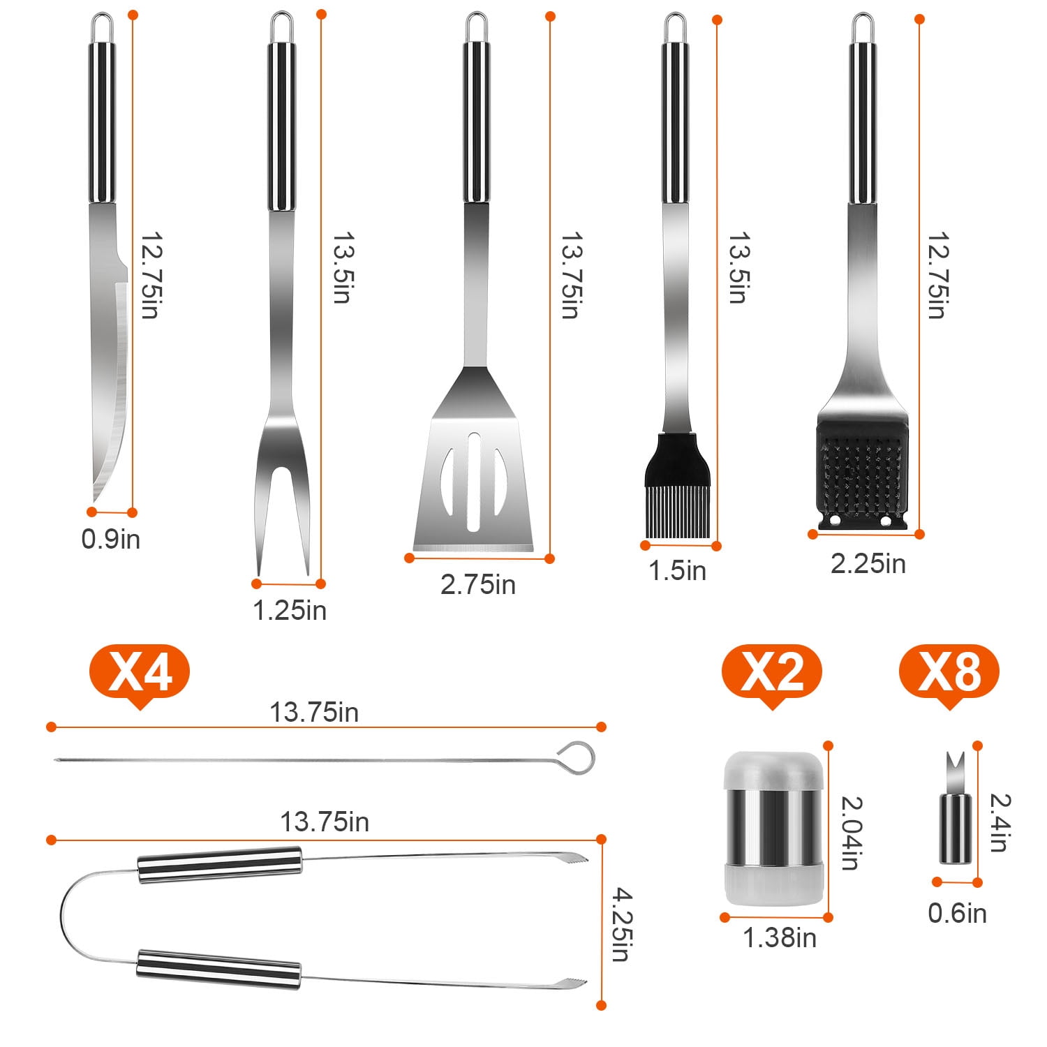 LakeForest Stainless Steel BBQ Grill Tool Kit Grilling Utensil Accessories w/ Spatula Tongs Fork Knife Brush Pepper Salt Shaker Bottle Grilled Skewers Corn Needles