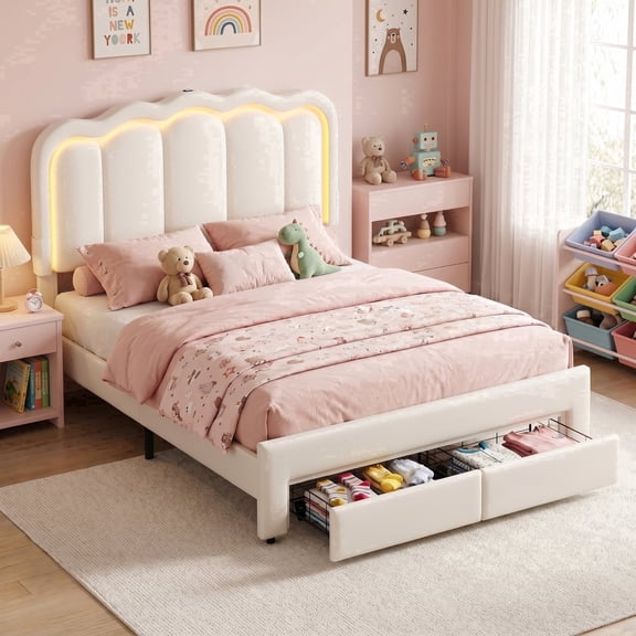 HiJob Full Size LED Bed Frame for Girls/Kids with Storage Drawers, Velvet Upholstered Platform Bed with Adjustable Headboard, Built in Charging Station, Beige