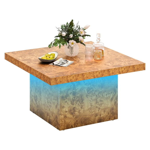 Uforic Rustic Square Coffee Table with LED Lights for Living Room, Burl Color