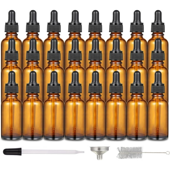 24 Pack 1 oz Amber Glass Tincture Bottles with Eye Dropper,30 ml Leak-Proof Eye Dropping Bottles with 2 Stainless Steel Funnel,1 Glass Dropper,48 Stickers,1 Brush for Essential Oil,Perfume