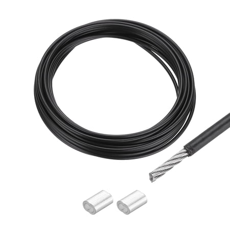 Uxcell 16Ft Wire Rope 304 Stainless Steel Cable 3/32 Vinyl Coated with 2Pcs Aluminum Sleeves Black