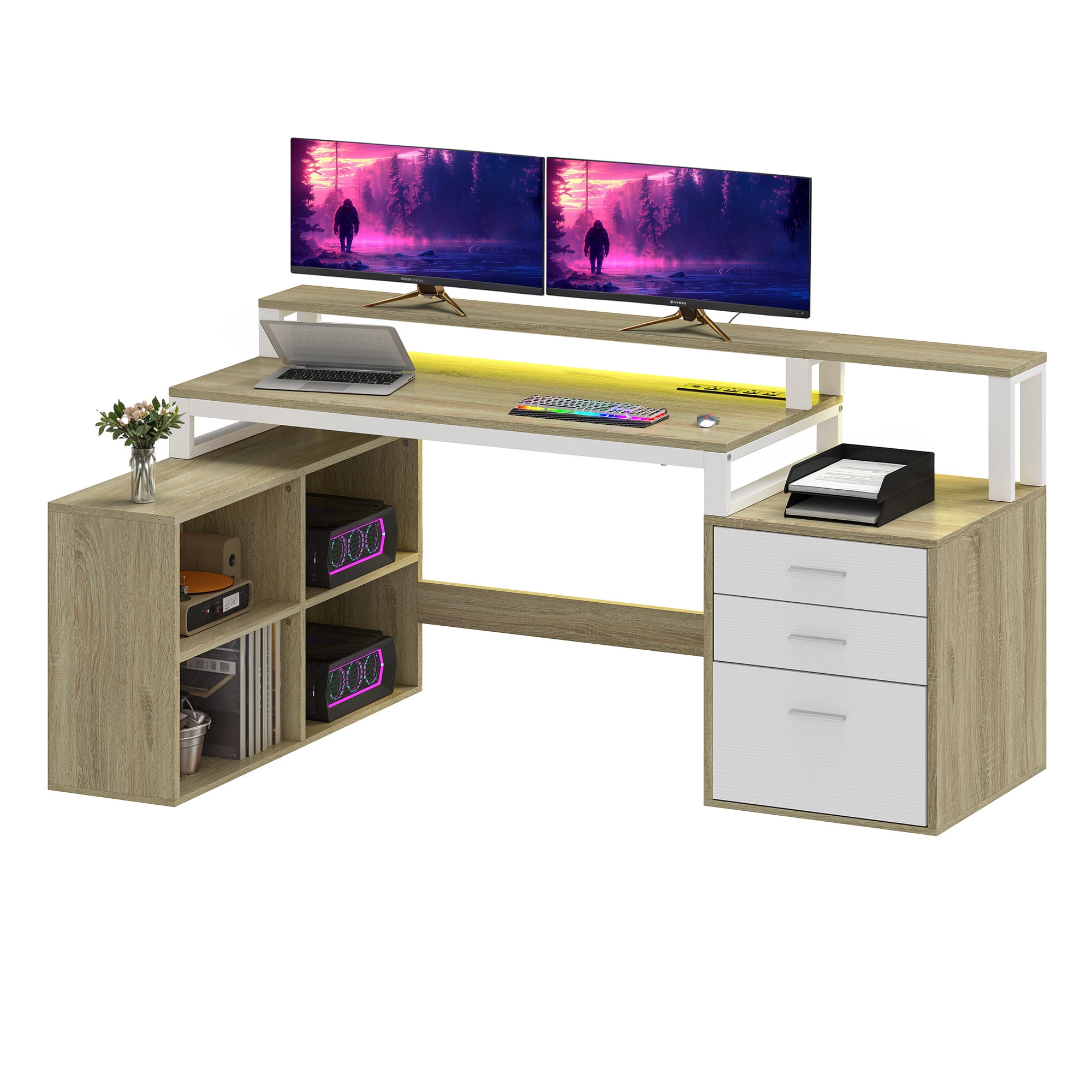 Uforic L Shaped Desk with LED Light & Power Outlets, Corner Computer Desk with Drawers & Open Storage Shelves, Oak