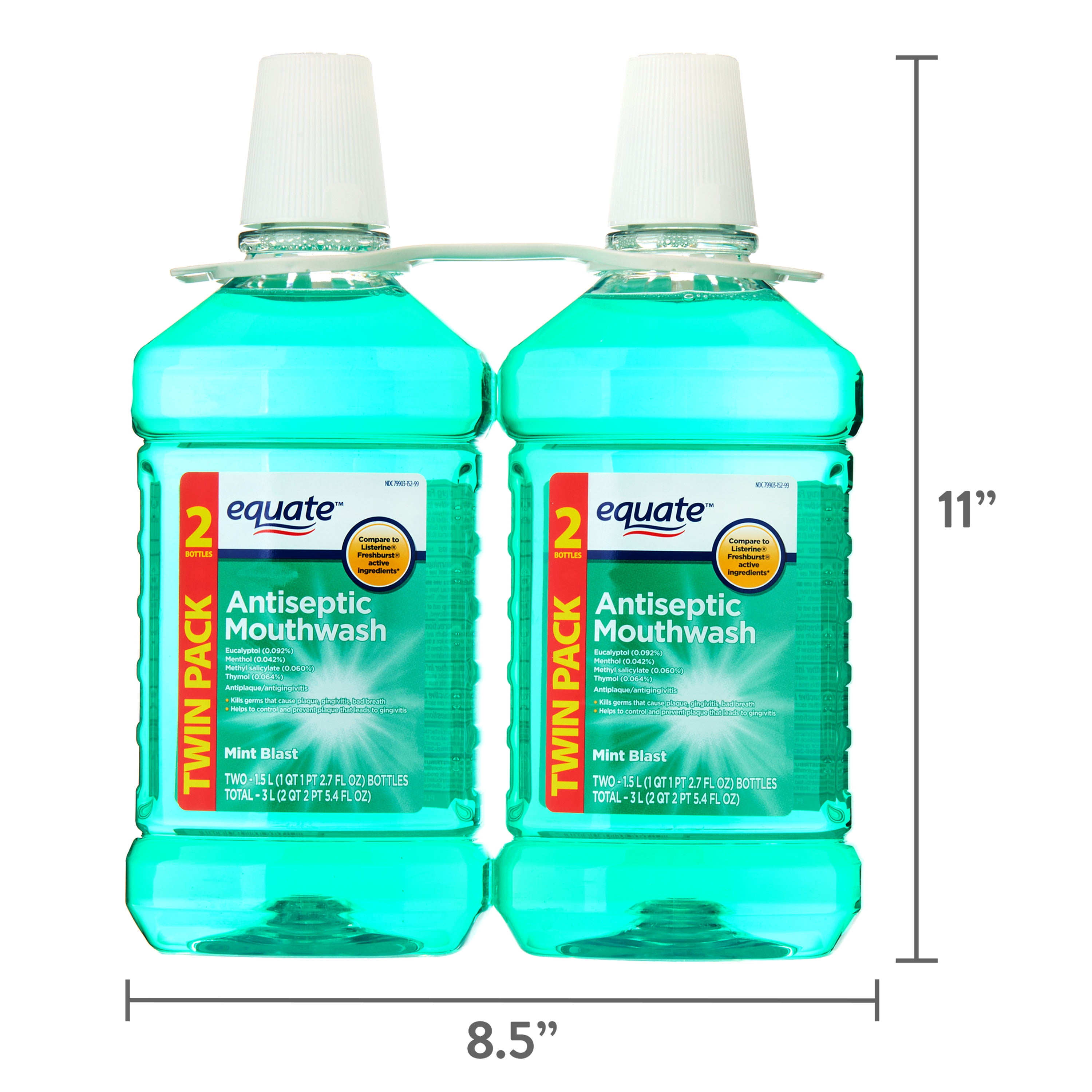 (12 pack) Equate Antiseptic Mouthwash, Green Mint, 1.5 L, 2 Count