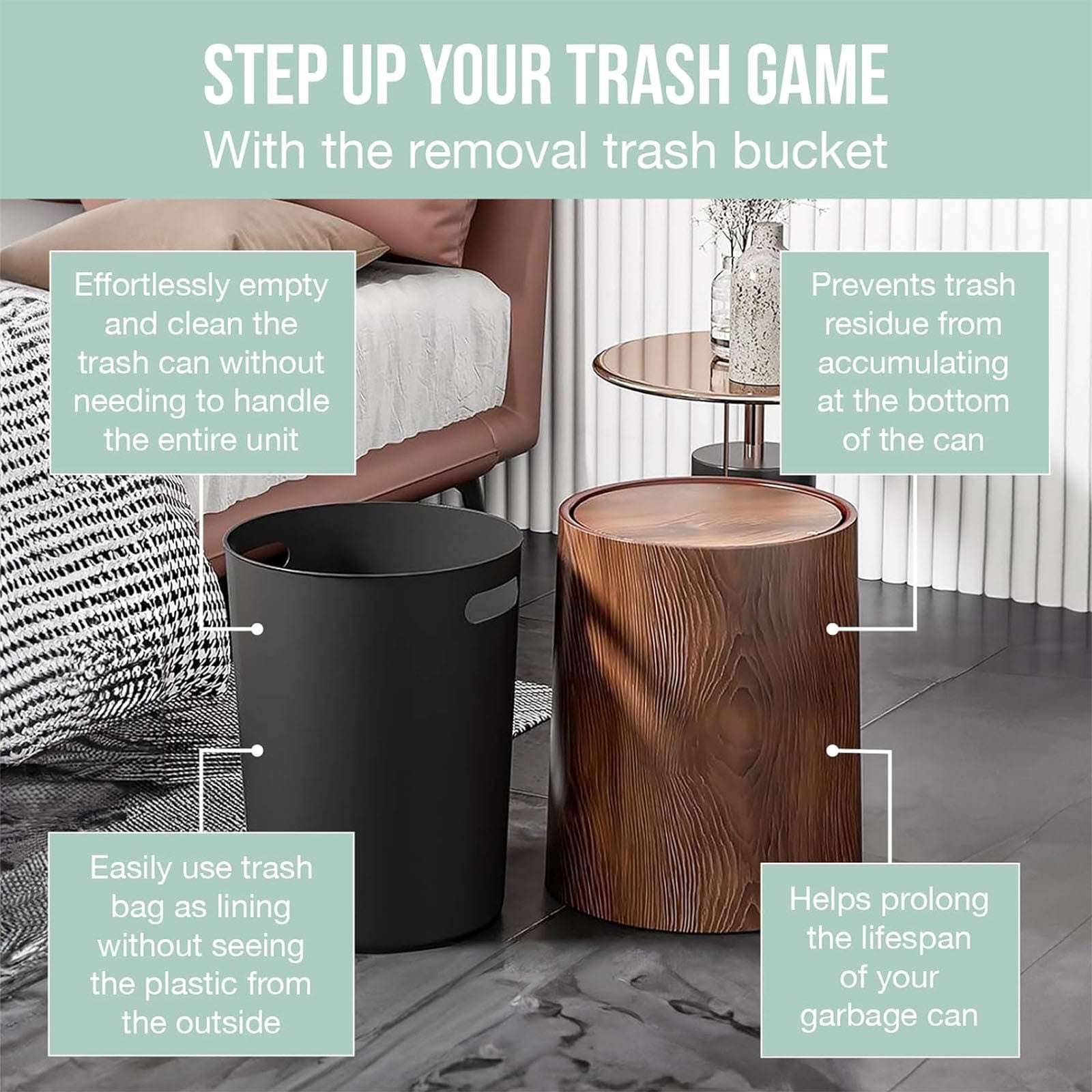 12L Walnut Brown Wood Grain Bathroom Garbage Can with Swing Top Lid, Can with Lid,Rotating Design, Detachable Inner Bin, Minimalist Diaper Can, Dustbin for Office (Brown 12L New)