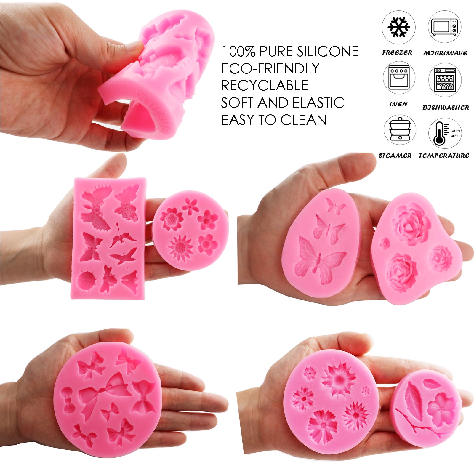 Flower Silicone Mold 7 Pack Rose Mold Flower Cake Fondant Mold Butterfly Mini Bow Mold for Cupcake, Chocolate Mini Muffins and Candy Making