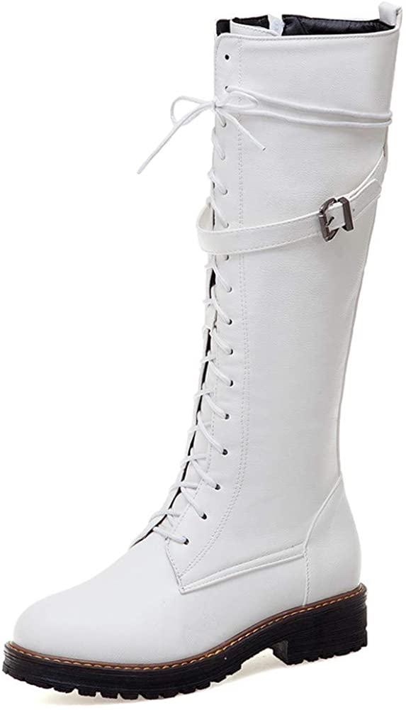 Women Buckle Combat Platform Boots Lace Up Block Heel Motorcycle Knee