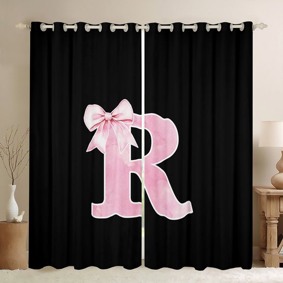 Manfei Cute Girls Bowknot Bowtie Black Out Curtains, Monogrammed Curtains Pack of 2 (42x63 Each), Personalized Letter R Bedroom Curtains, Lightweight Bedroom Decor