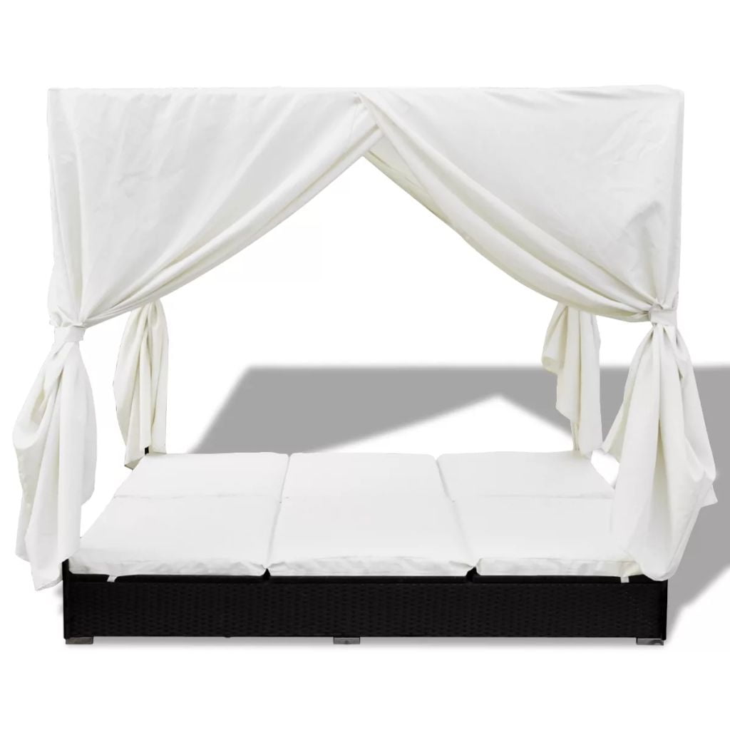 Kepooman Outdoor Poly 2-Seat Adjustable Rattan Lounge Bed with Removable Curtains for Patio Beach, Black Kepooman Outdoor Poly 2-Seat Adjustable Rattan Lounge Bed with Removable Curtains for Patio Beach, Black
