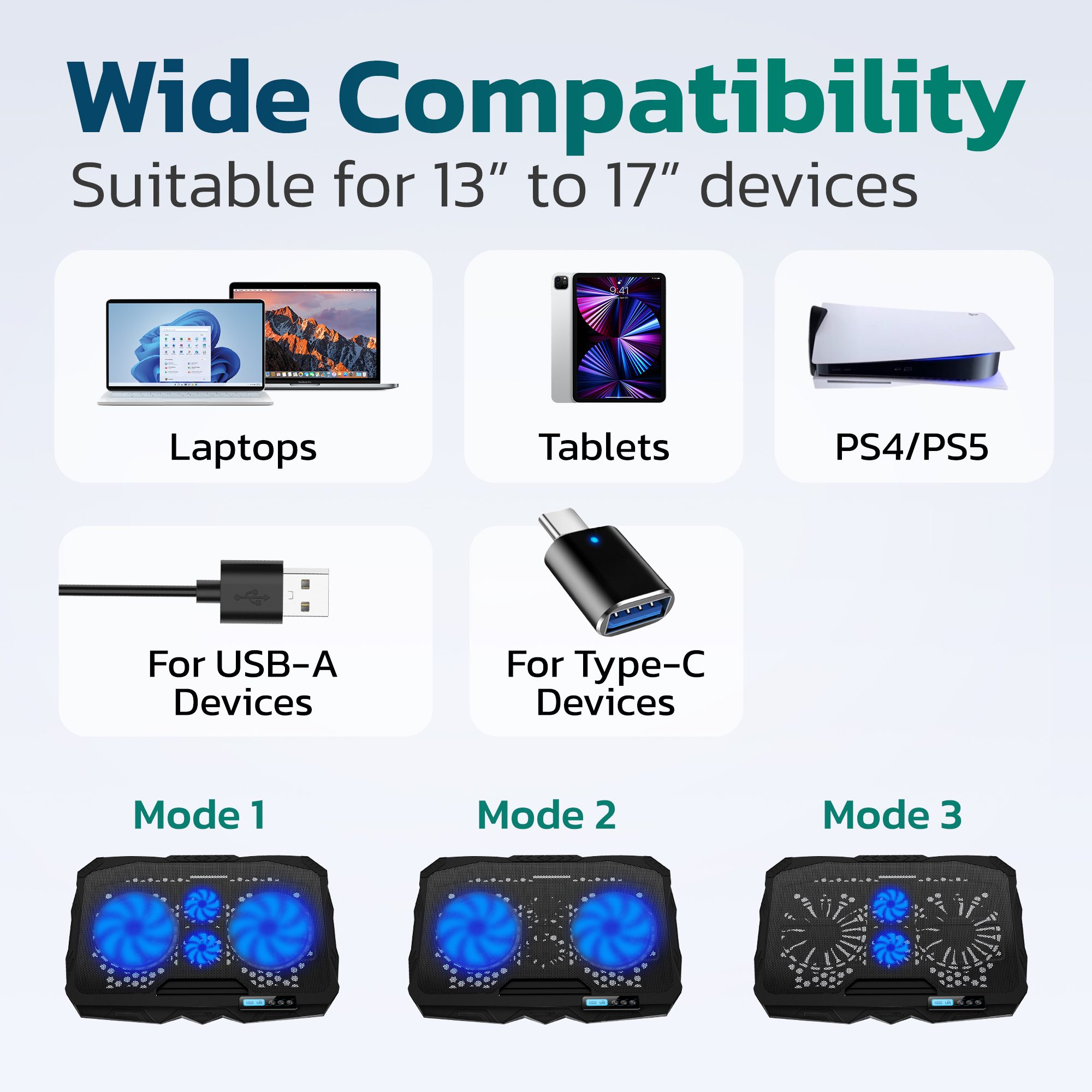 Purely C14 Laptop Cooling Pad, 6 Adjustable Height Laptop Stand, 4 Fans, 3 Fan Modes + 6 Speeds, LED Display, 2 USB Ports, Compatible for Win or Mac Laptops, iPads and Tablets, iPhone and Smartphones