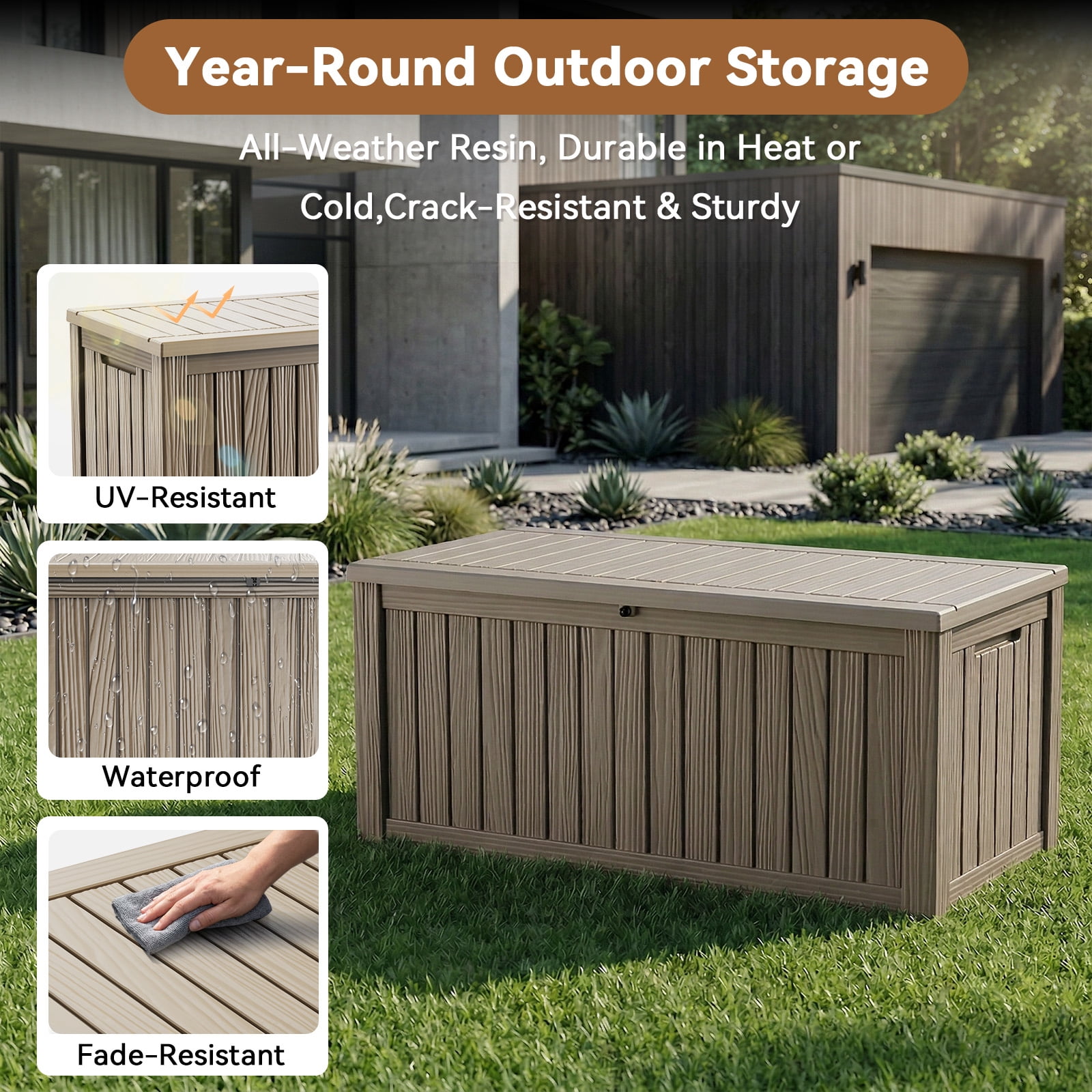 EASY UP 120gallon outdoor resin storage deck box, weather-resistant and lockable, suitable for storing tools, clothing, and packages; ideal for garages, gardens, and bedrooms (LIGHT BROWN).