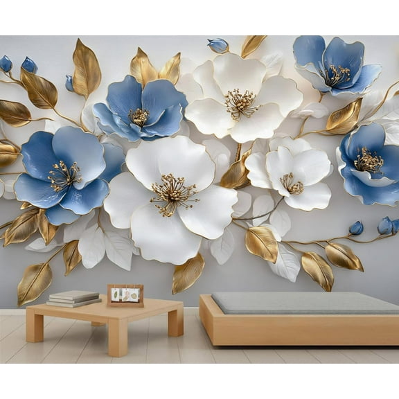 Stereo Relief Blue And White Flowers Wall Mural, Luxury Gold Leaf Wallpaper, Nordic Modern Style Large Poster Wall Sticker For Bedroom Living Room Office 55"W x 28"H (Not Peel and Stick)