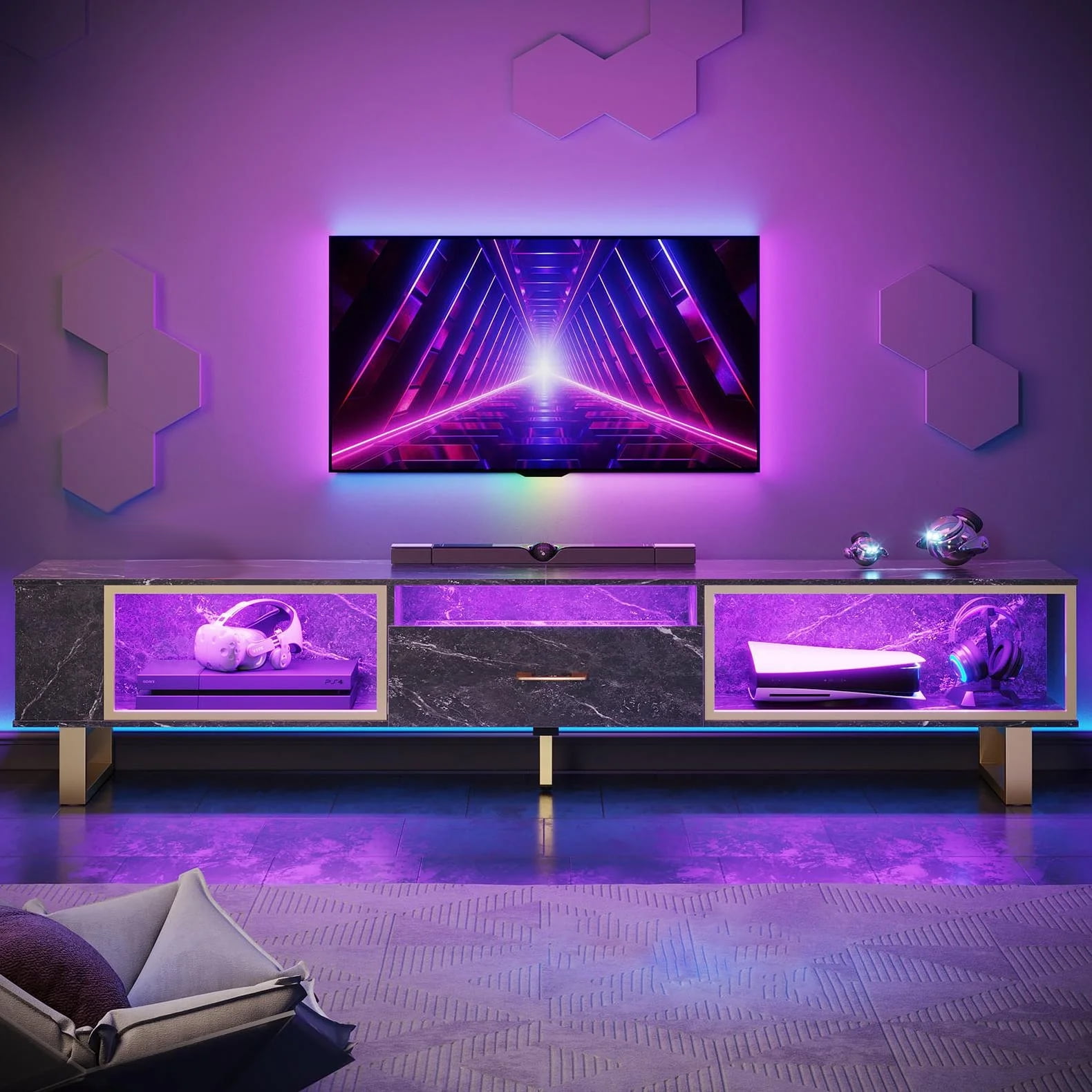 Bestier LED TV Stand for TVs up to 85", Entertainment Center with Drawer & Storage Shelves, Black Marble